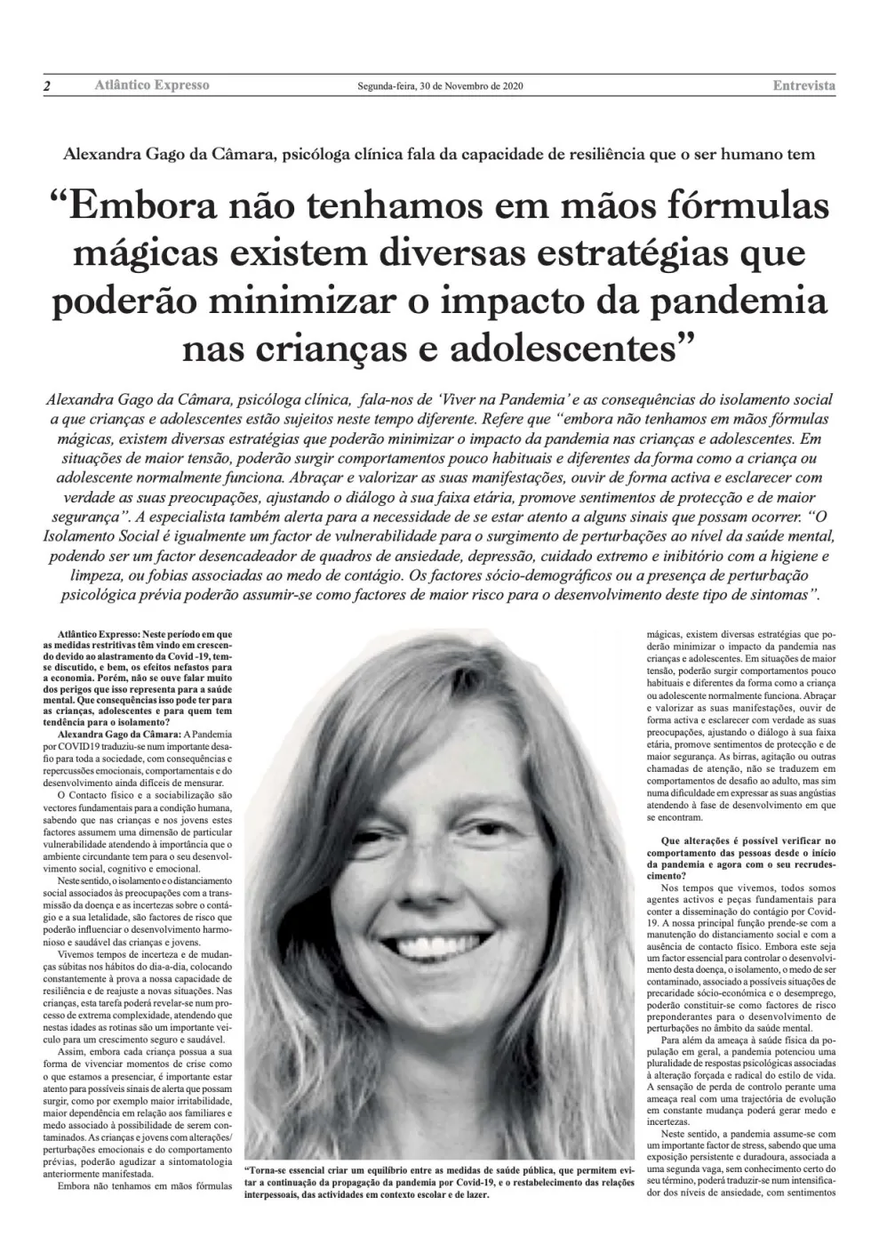 “Viver na Pandemia”, Alexandra Gago da Câmara, Psicóloga do CDIJA no Atlântico Expresso
